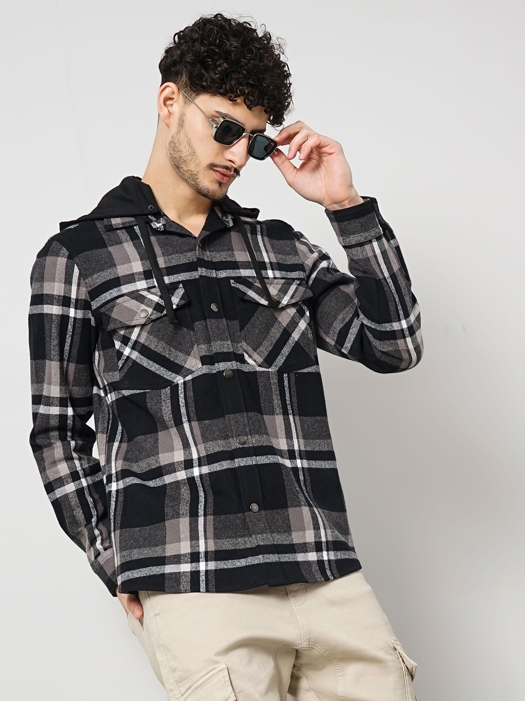 

Celio Tartan Checks Hooded Cotton Casual Shirt, Black