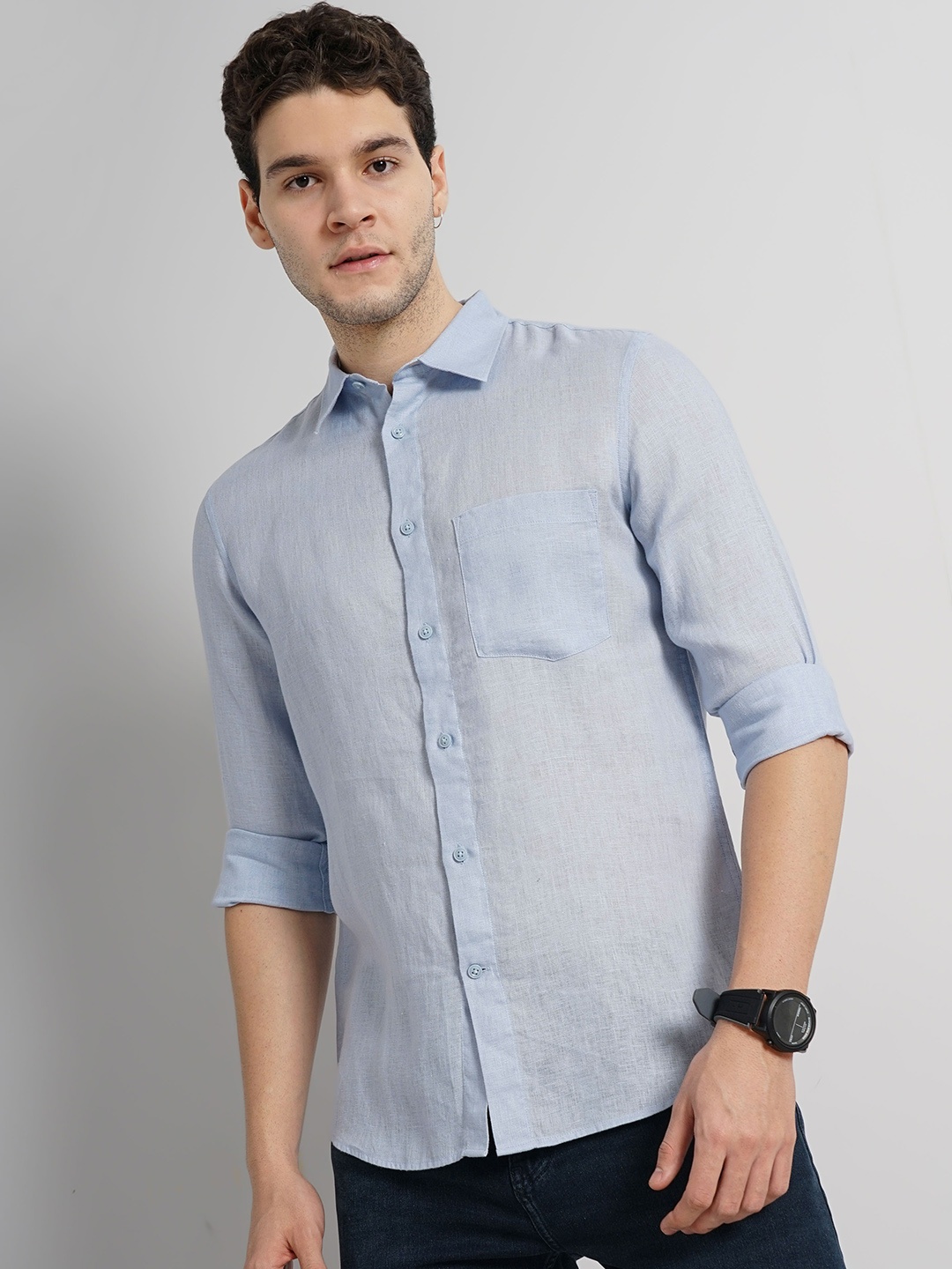 

Celio Spread collar Long Sleeves Linen Opaque Casual Shirt, Blue