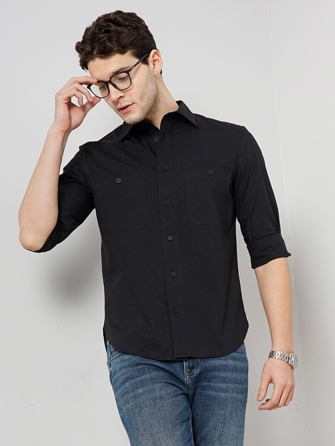 

Celio Spread Collar Cotton Casual Shirt, Black