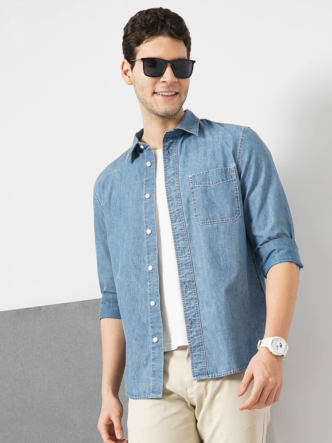 

Celio Spread collar Long Sleeves Cotton Opaque Casual Shirt, Blue