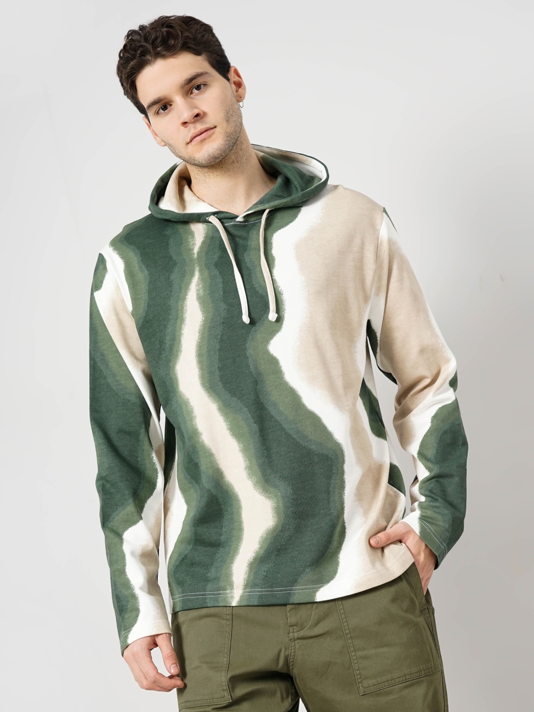 

Celio Abstract Printed Hooded Loose Fit Cotton Sweatshirt, Olive