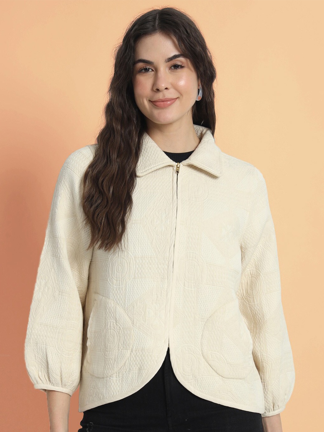 

CHARMGAL Self Design Spread Collar Cotton Jacquard Tailored Jacket, Cream