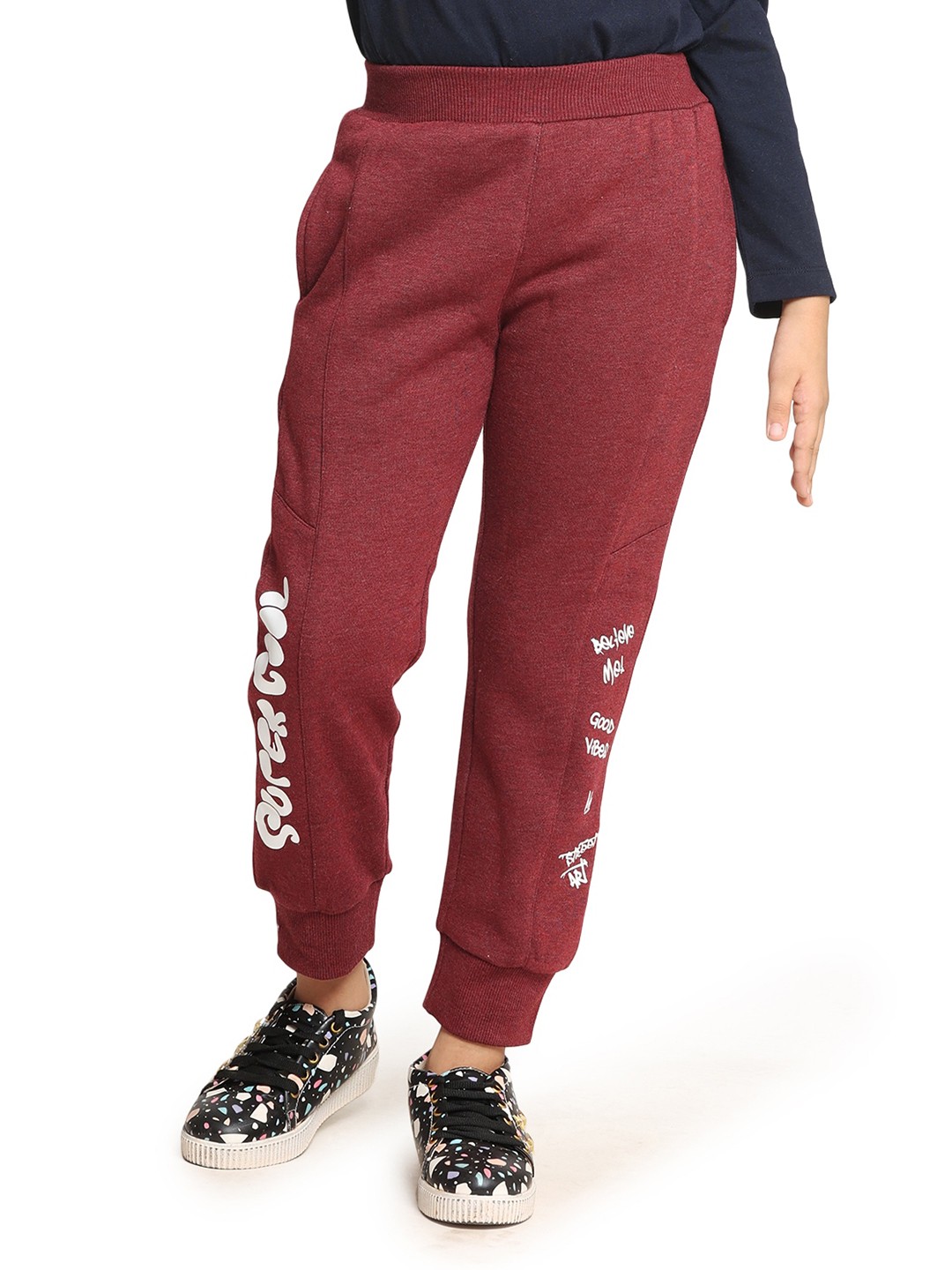 

PAMPOLINA Girls Typography Printed Mid-Rise Fleece Joggers, Maroon