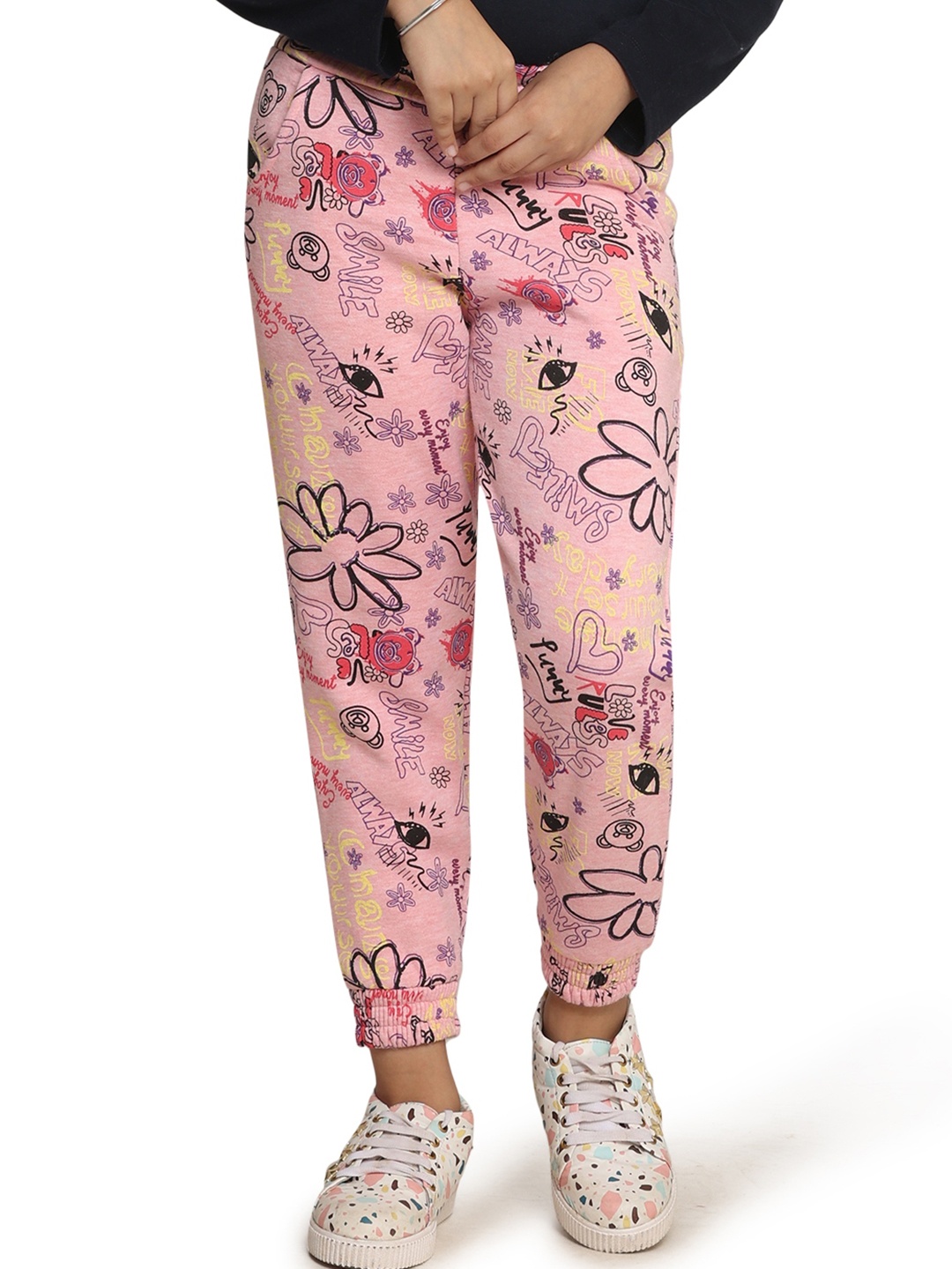 

PAMPOLINA Girls Floral Printed Mid-Rise Joggers, Pink