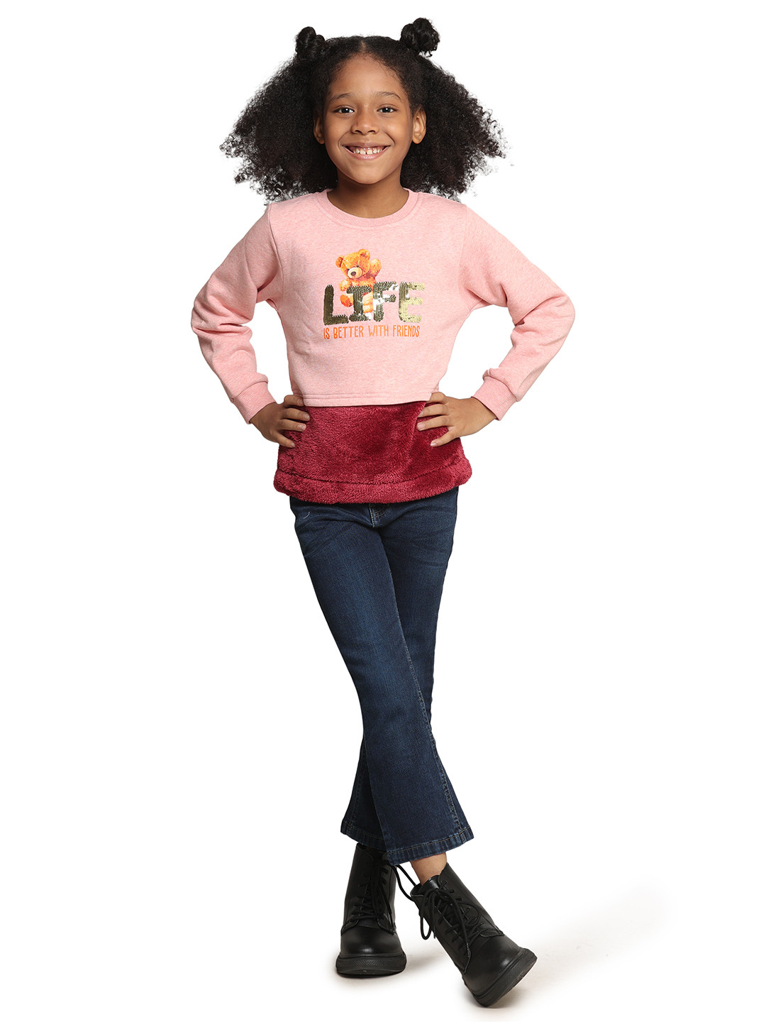 

PAMPOLINA Girls Round Neck Typography Sequined Printed Sweatshirt, Pink