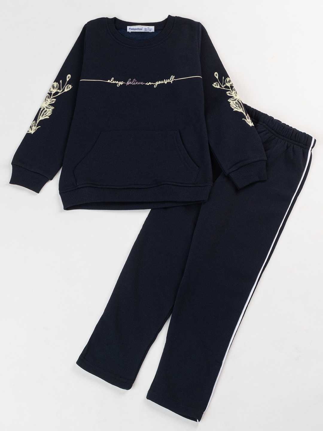 

PAMPOLINA Girls Printed Round Neck Fleece Tracksuits, Navy blue