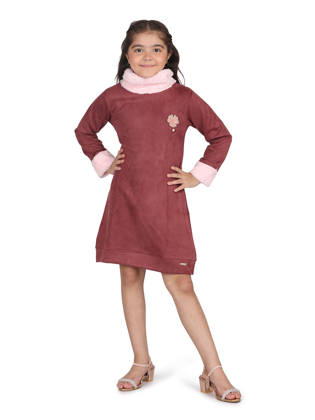 

PAMPOLINA Girls High Neck Cotton A-Line Dress, Mauve