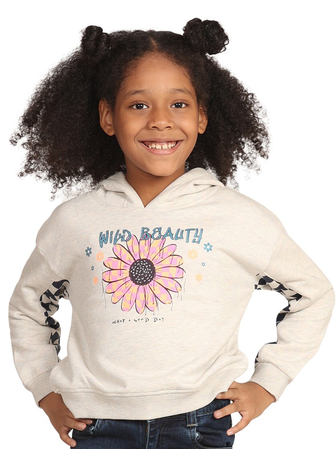 

PAMPOLINA Girls Floral Printed Hooded Fleece Pullover, Off white
