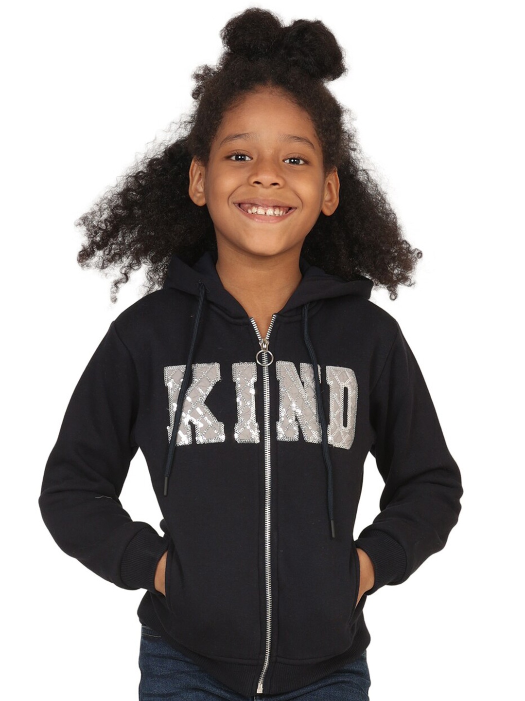 

PAMPOLINA Girls Typography Printed Hooded Fleece Front-Open Sweatshirt, Black