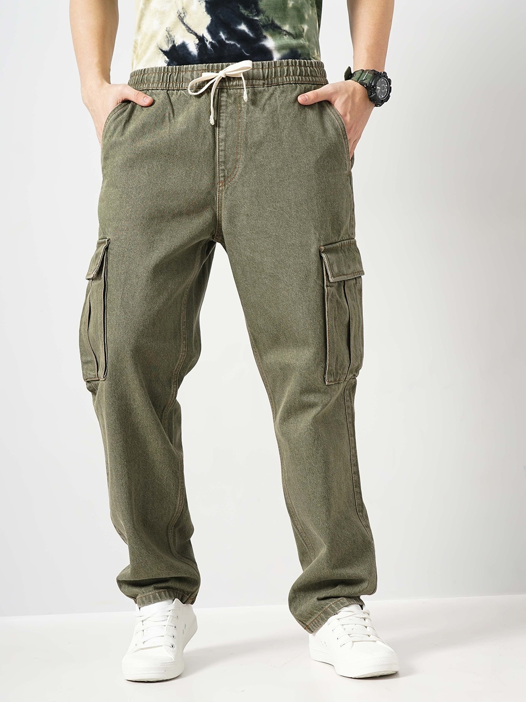 

Celio Men Loose Fit Cotton Cargo Trouser, Green