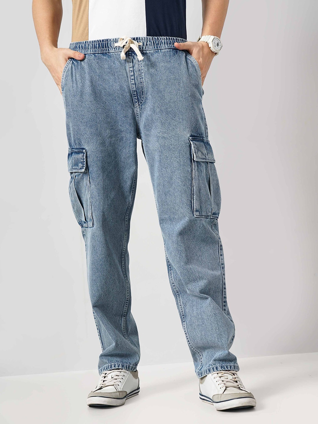 

Celio Men Mid-Rise Loose Fit Cotton Cargos Trousers, Blue