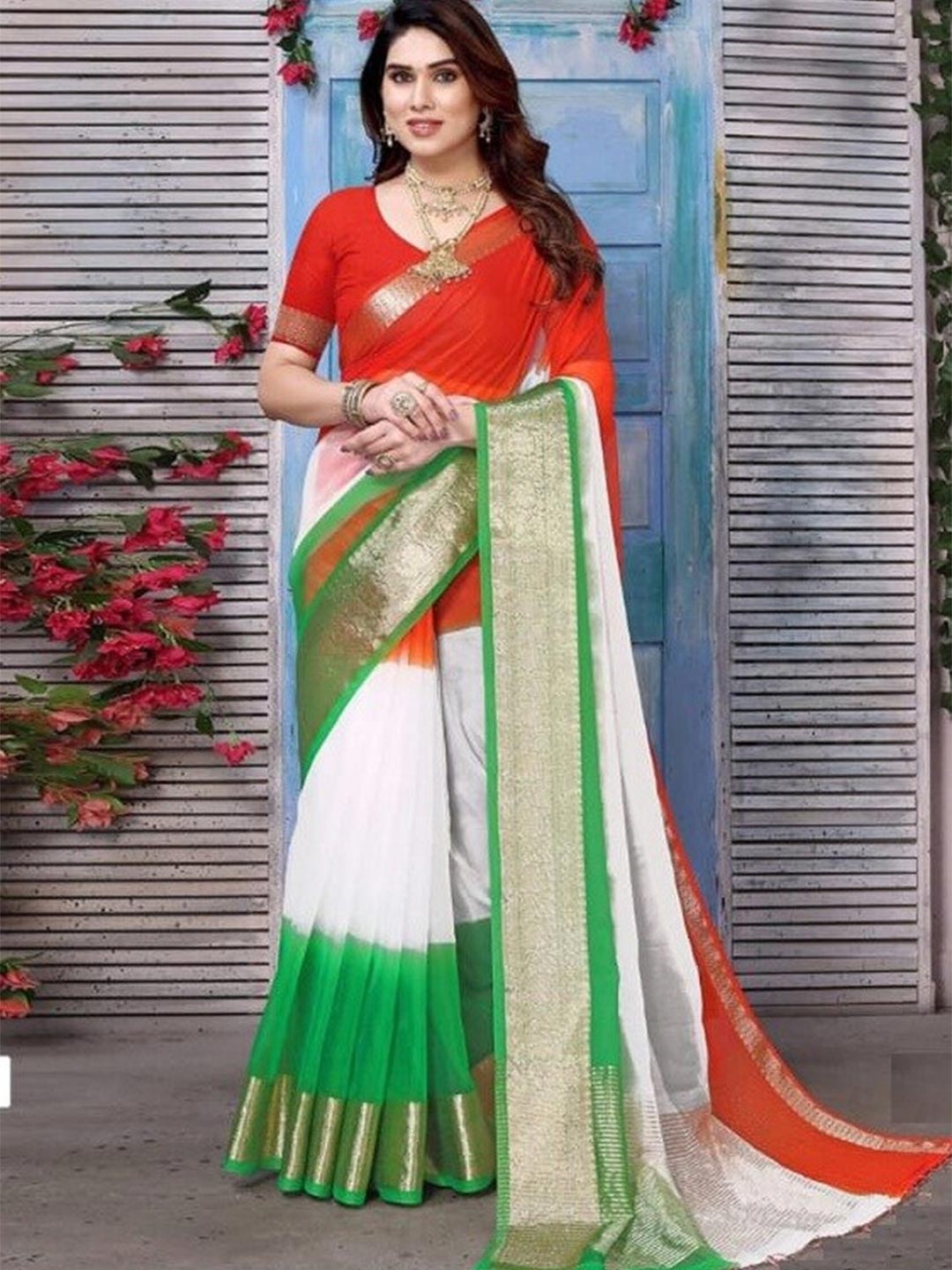 

Pemal Designer Ombre Zari Organza Half and Half Saree, White