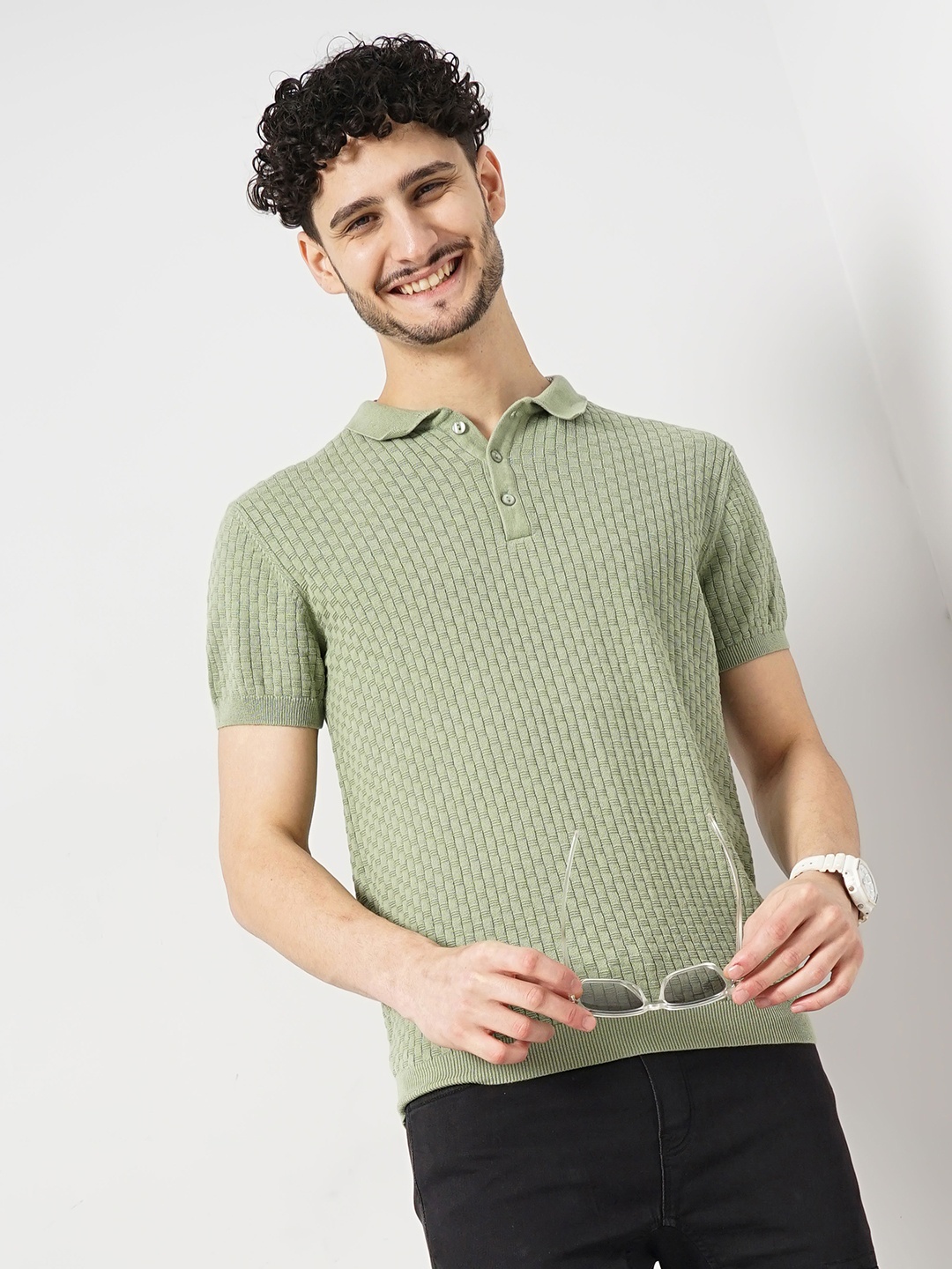 

Celio Self Design Polo Collar Knit Cotton T-shirt, Green