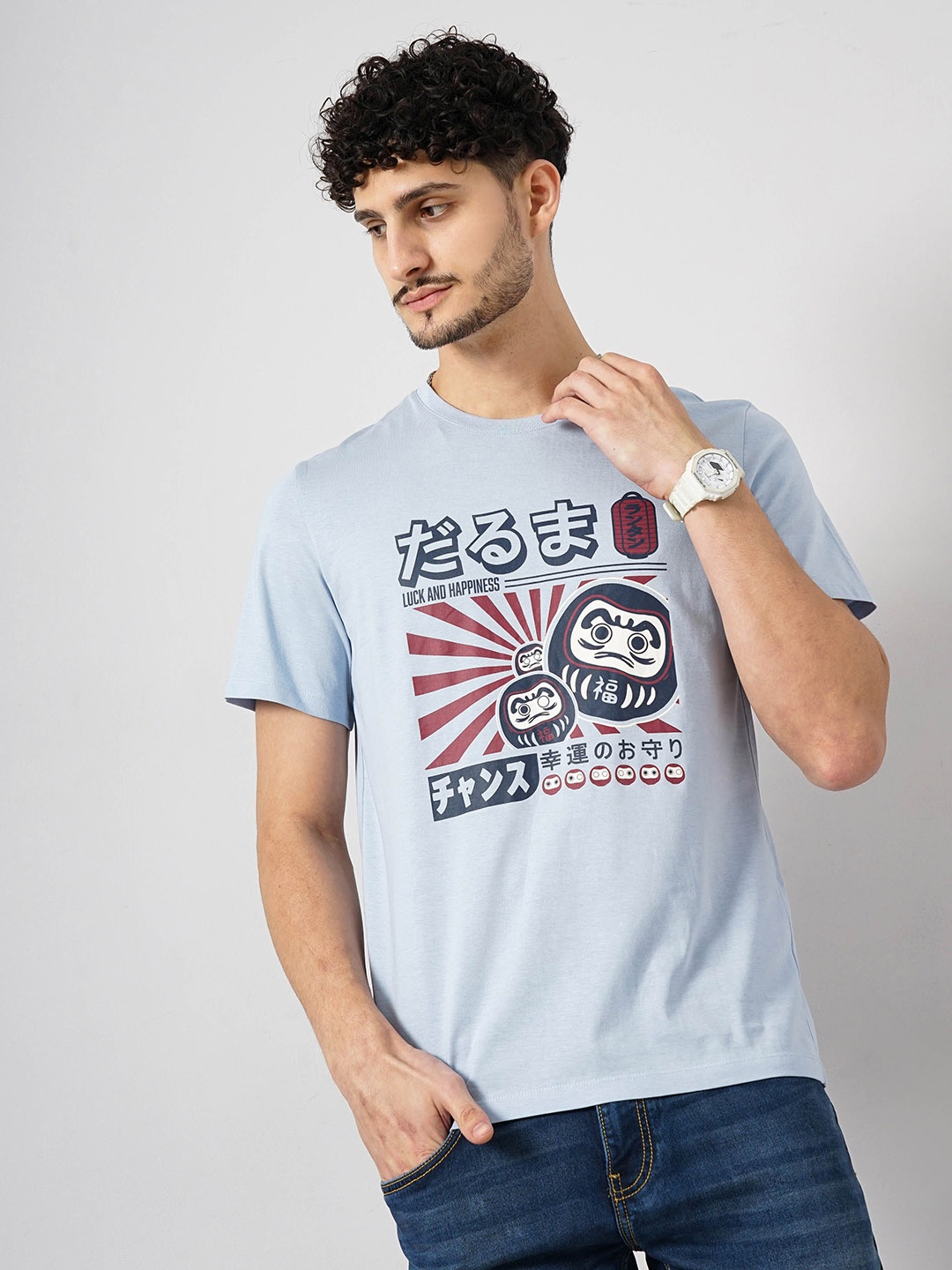 

Celio Graphic Printed Short Sleeves Cotton T-shirt, Blue