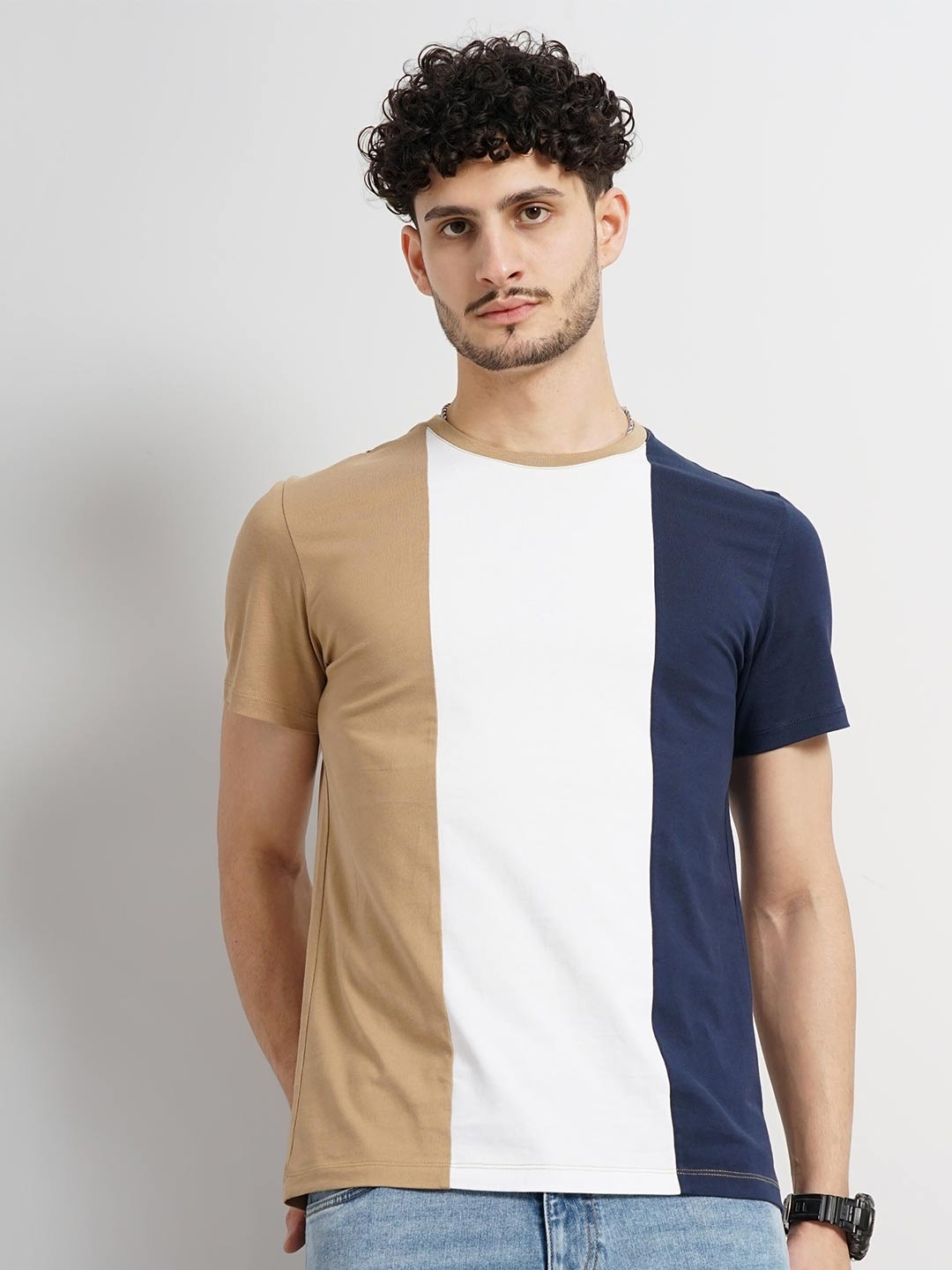 

Celio Colourblocked Round Neck Short Sleeves Cotton Casual T-shirt, Brown