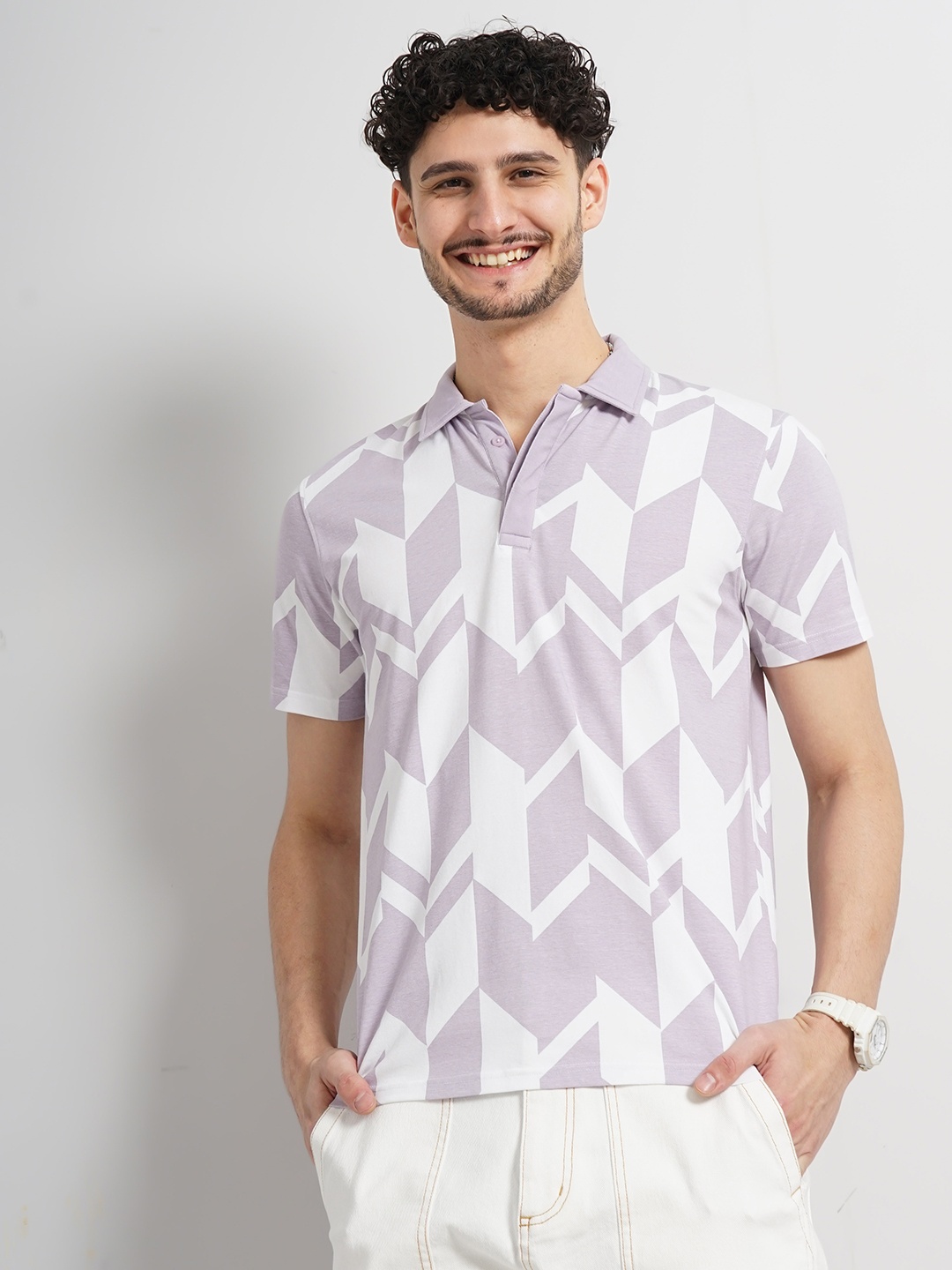 

Celio Geometric Printed Polo Collar Cotton T-shirt, Purple