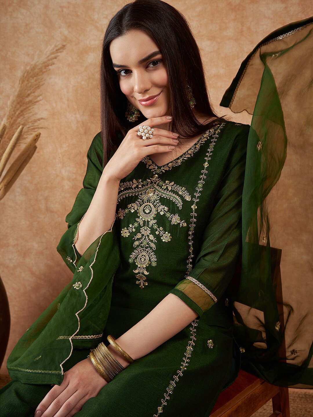 

Sangria Green Floral Embroidered Sequinned Straight Kurta With Trousers & Dupatta