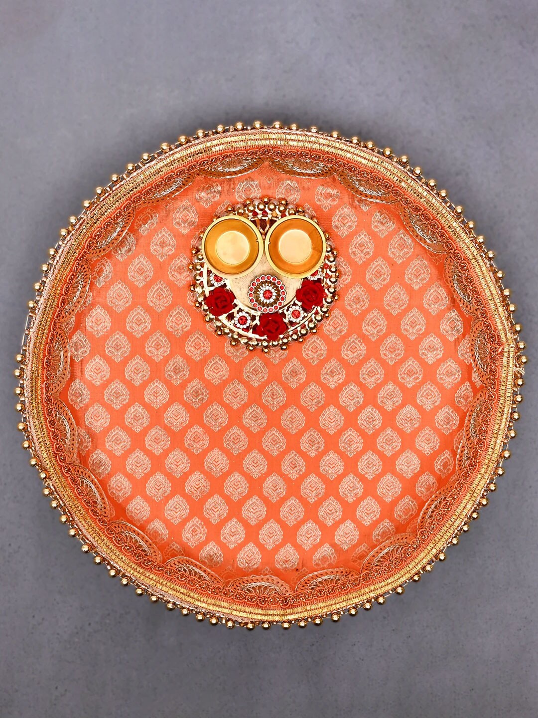 

DecorTwist Peach Floral Stainless Steel Decorative Pooja Thali