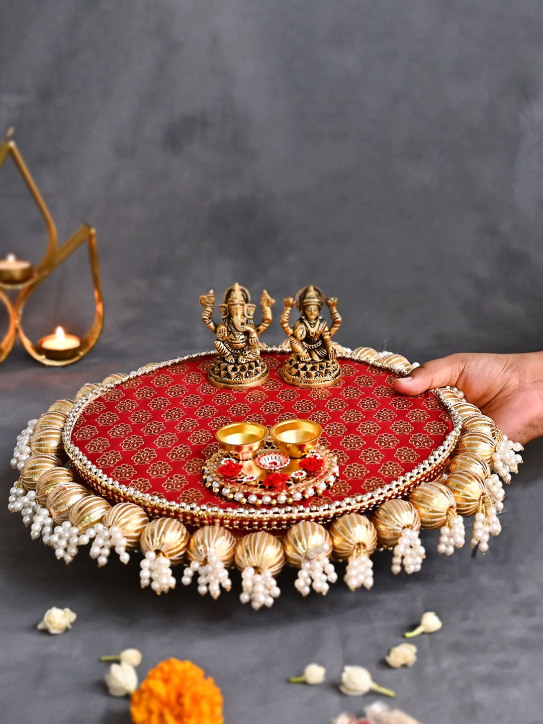 

DecorTwist Peach Floral Decorative Pooja Thali and Laxmi Ganesh Idol Showpiece