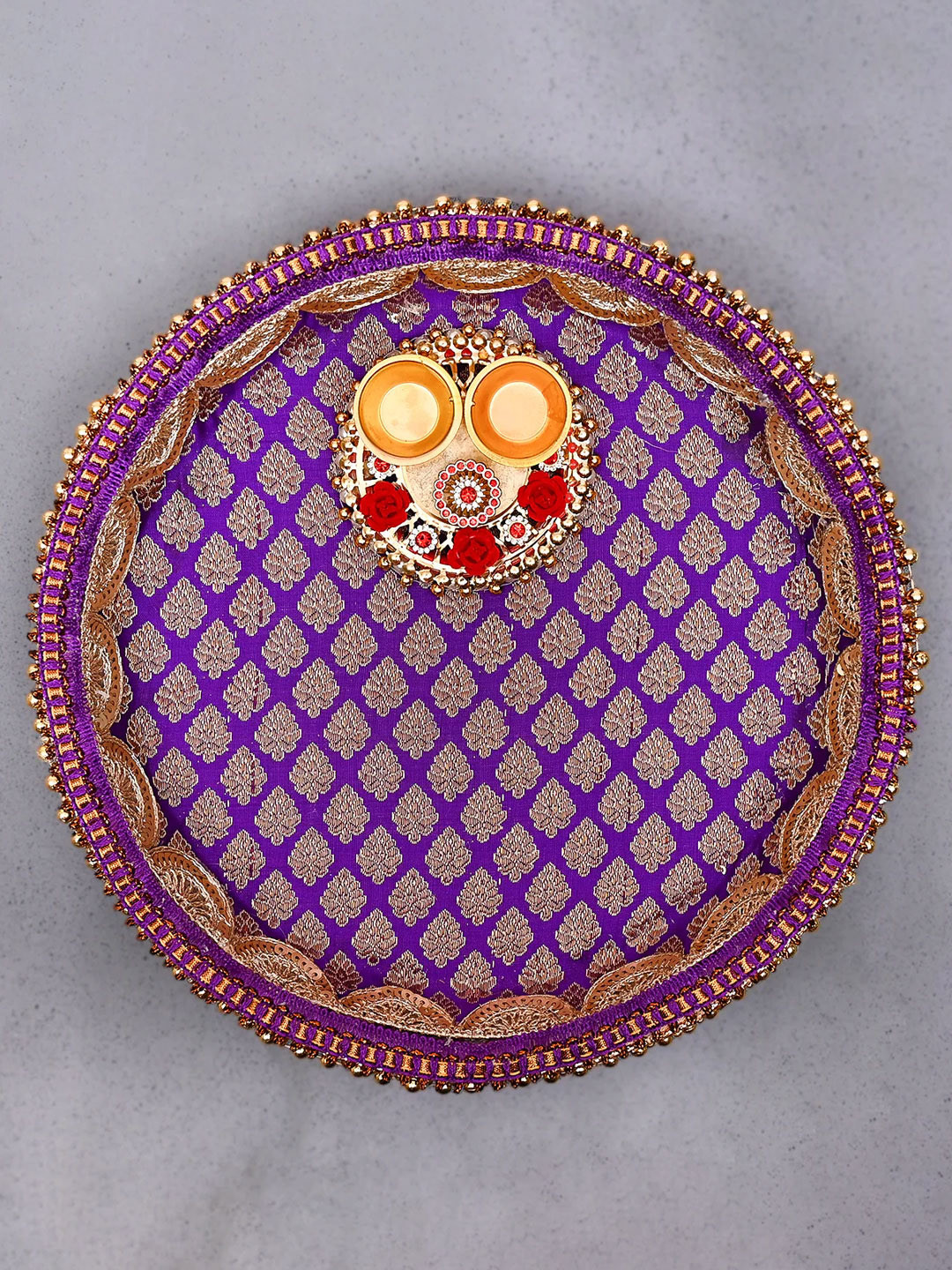 

DecorTwist Purple Floral Decorative Pooja Thali With Roli Chawal Platter