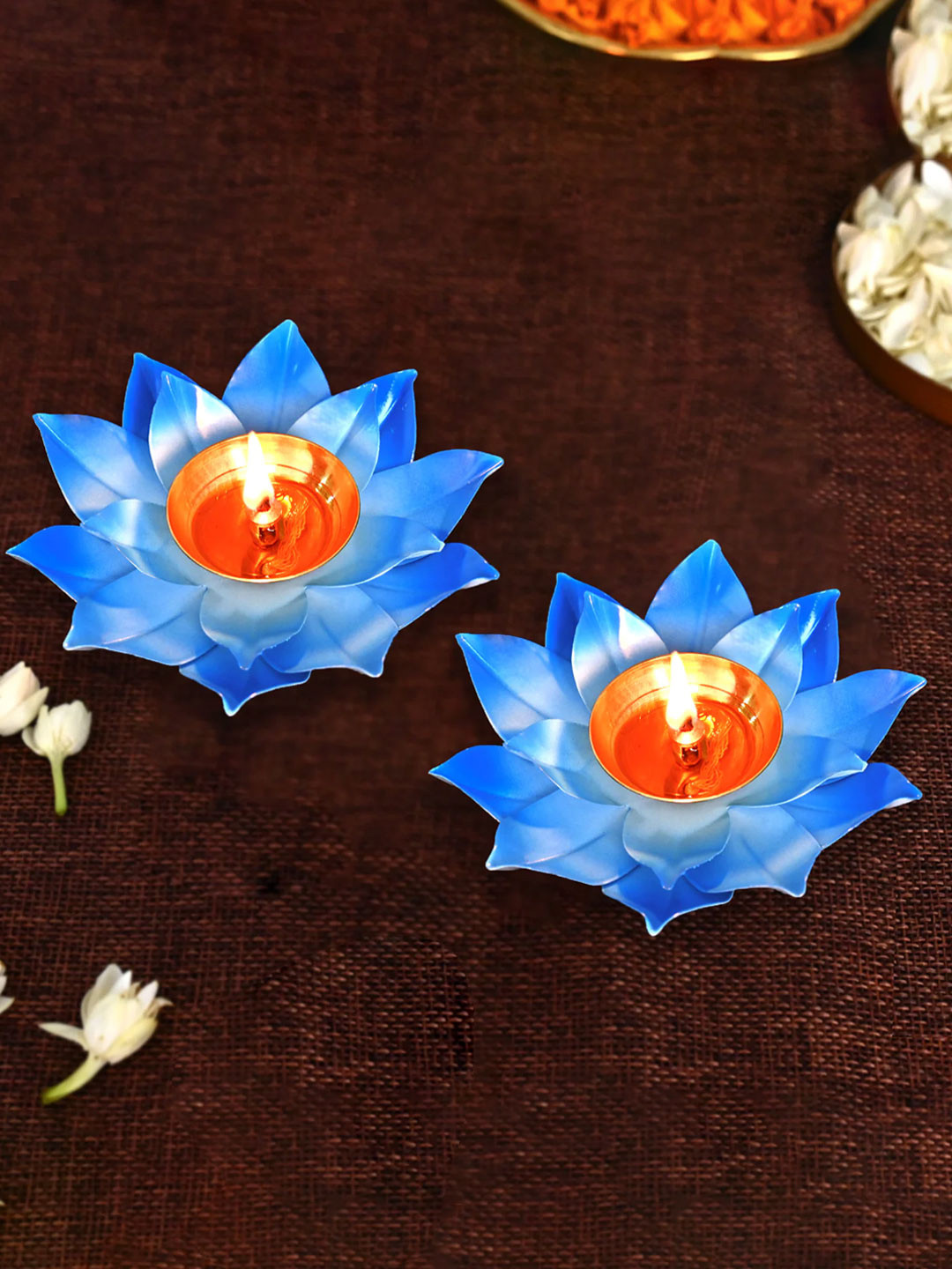 

DecorTwist Set of 2 Lotus Shape Metal Diya, Blue