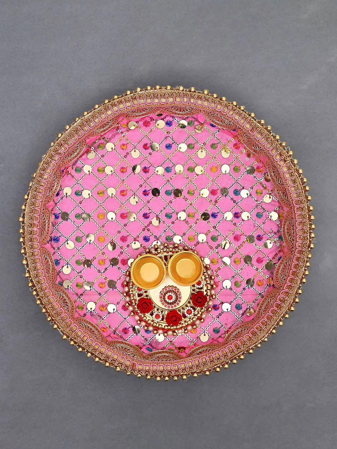 

DecorTwist Pink Floral Embellished Round Metal Pooja Thali With Roli Chawal