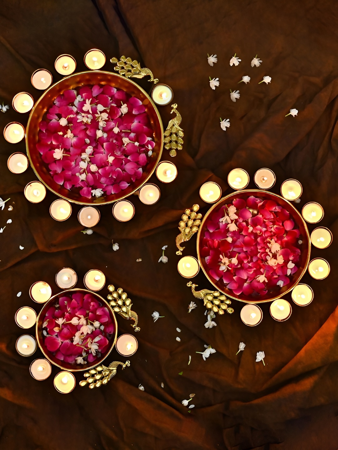 DecorTwist Pack of 3 Gold-Toned Peacock Design Metal Urli Bowls