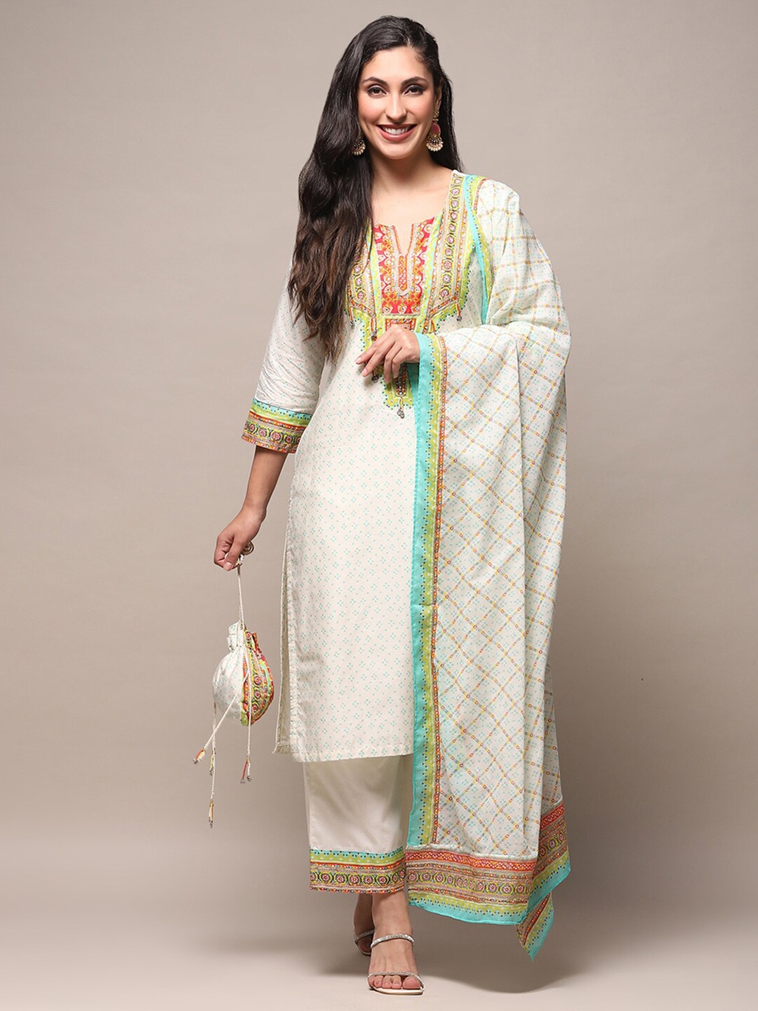 

Biba Ethnic Motifs Printed Pure Cotton Kurta with Palazzos & Dupatta, Cream