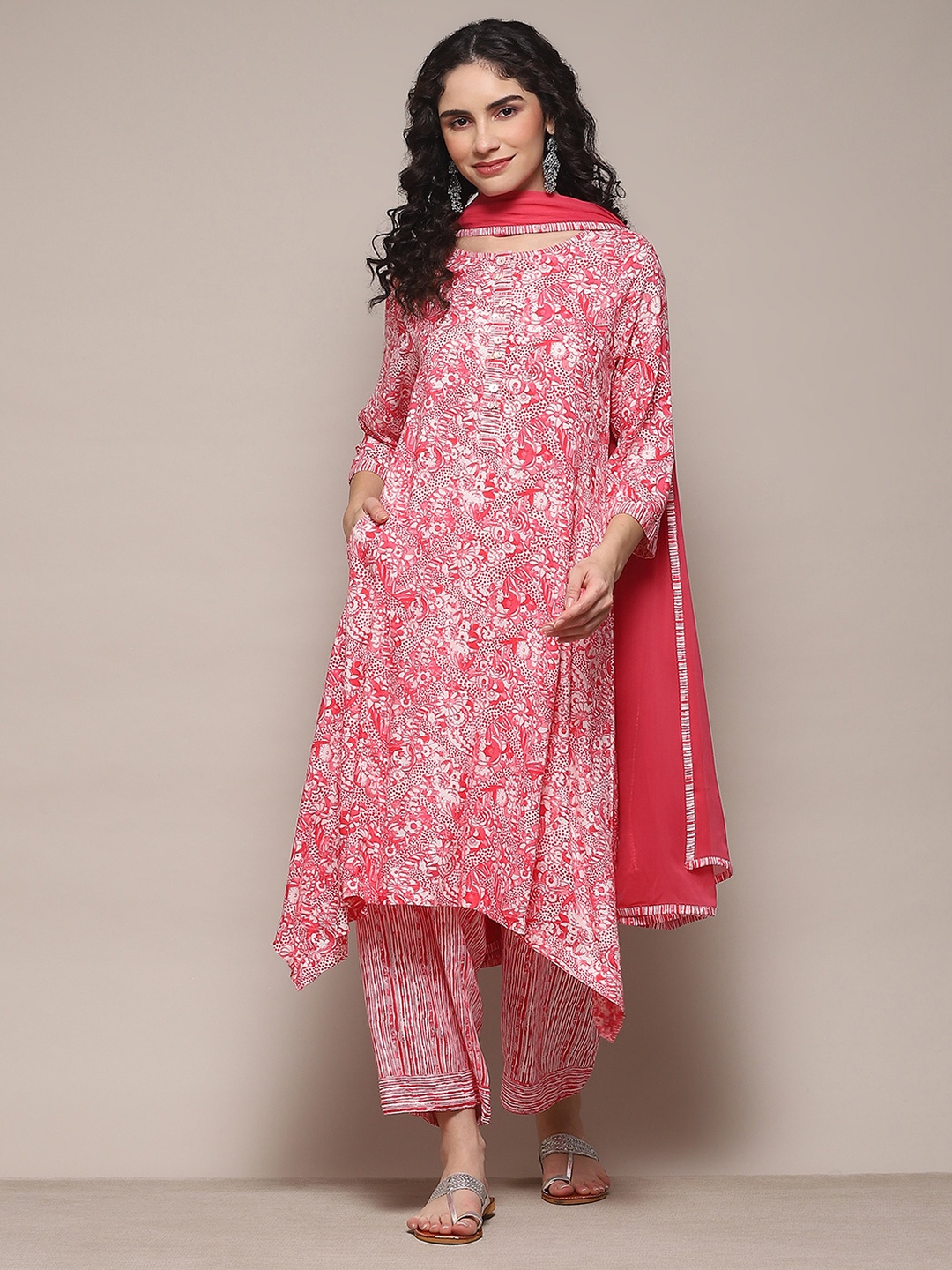 

Biba Floral Printed Round Neck Three-Quarter Sleeves Kurta Set, Coral