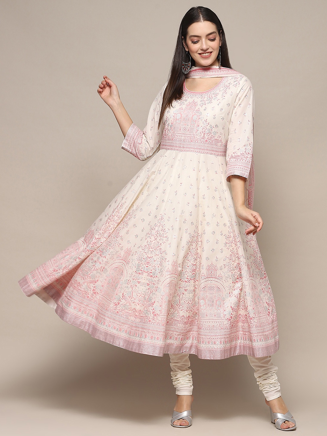 

Biba Floral Printed Kurta With Churidar & Dupatta, Off white
