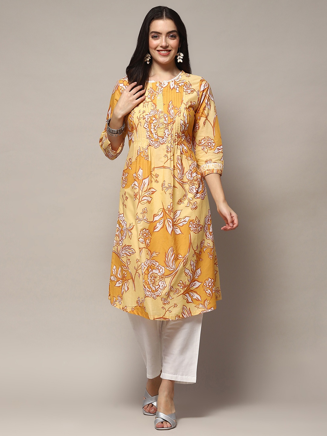 

Biba Ethnic Motifs Printed Keyhole Neck Flared Sleeves Thread Work Anarkali Kurta, Yellow