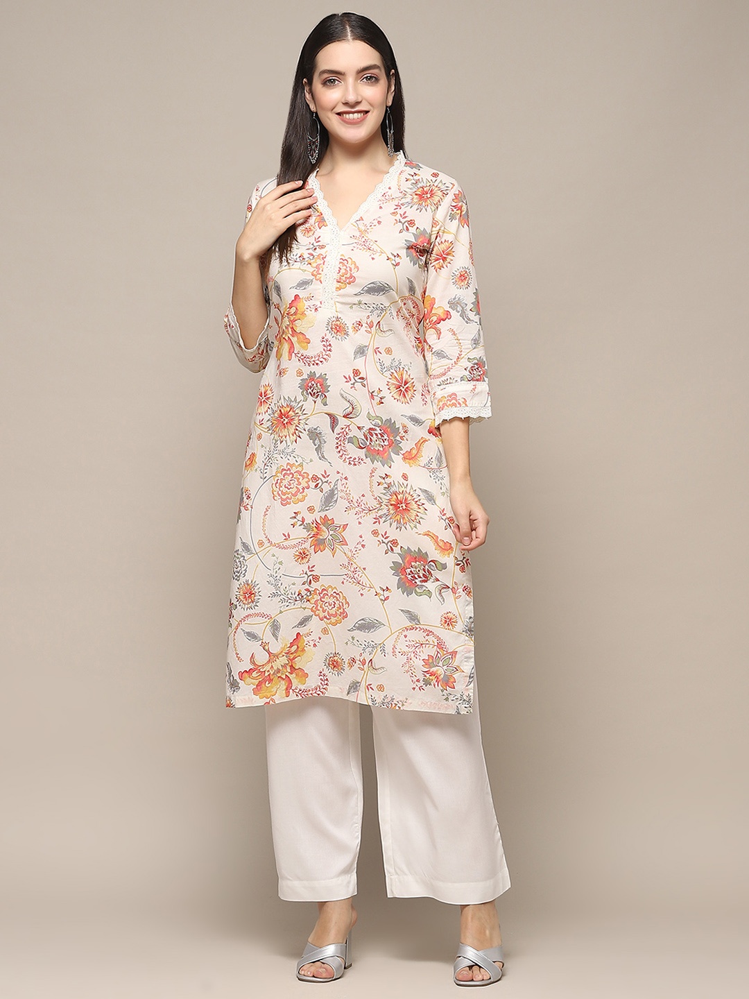 

Biba Floral Printed V-Neck Cotton Straight Kurta, Off white