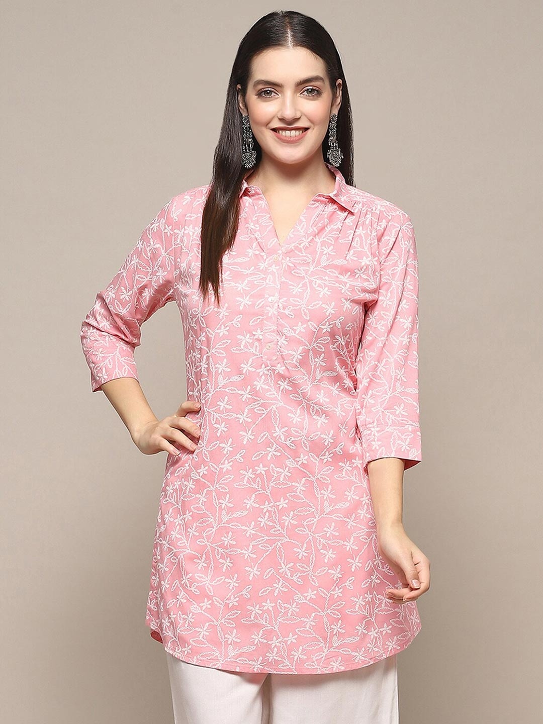 

Biba Floral Embroidered Shirt Collar Straight Kurta, Pink