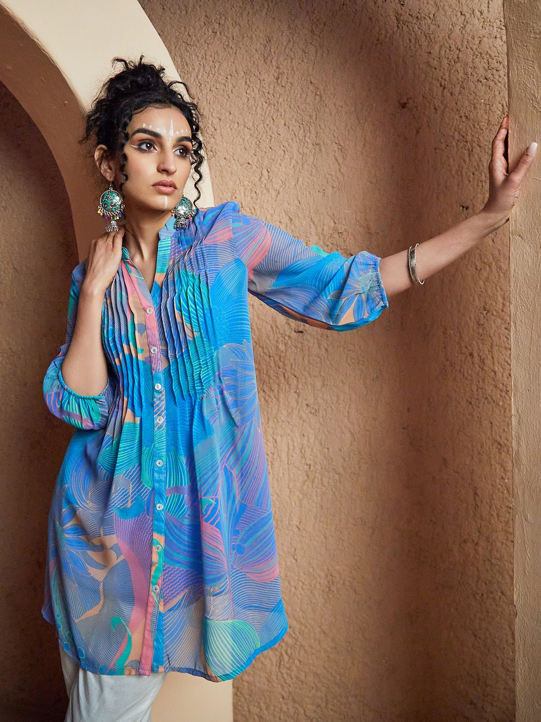 

Biba Floral Printed Mandarin Collar Puff Sleeves Tuinc With Slip, Blue
