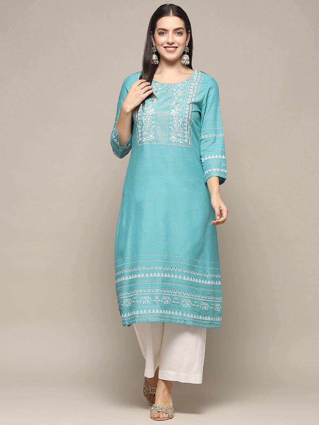 

Biba Ethnic Motifs Printed Regular Kurta With Palazzo, Turquoise blue