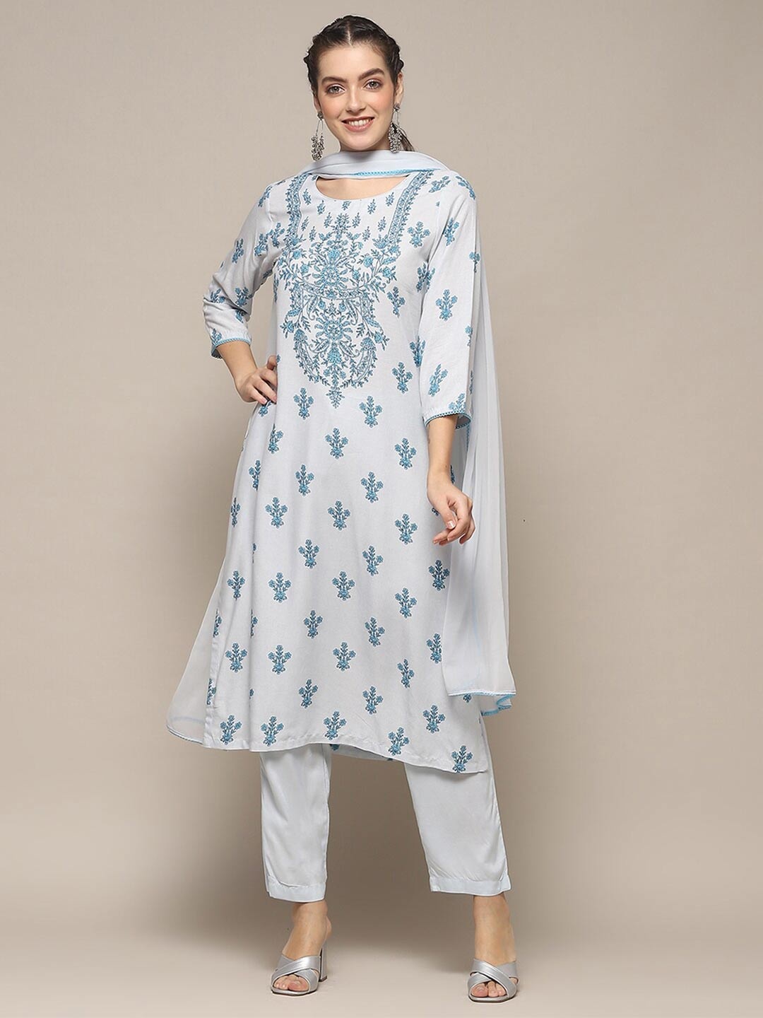 

Biba Floral Printed Round Neck Kurta with Trousers & With Dupatta, Blue