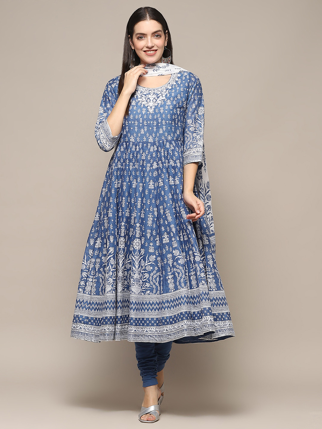 

Biba Ethnic Motifs Printed Round Neck Three-Quarter Sleeves Pure Cotton Kurta Set, Blue