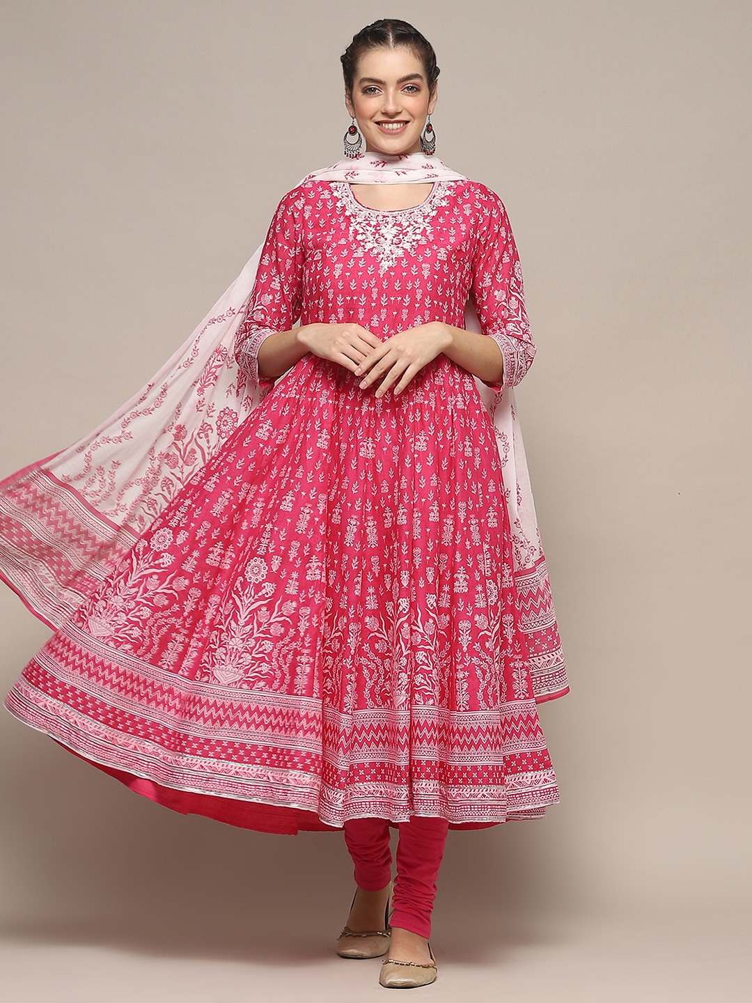 

Biba Floral Printed Empire Thread Work Pure Cotton Kurta with Churidar & Dupatta, Fuchsia