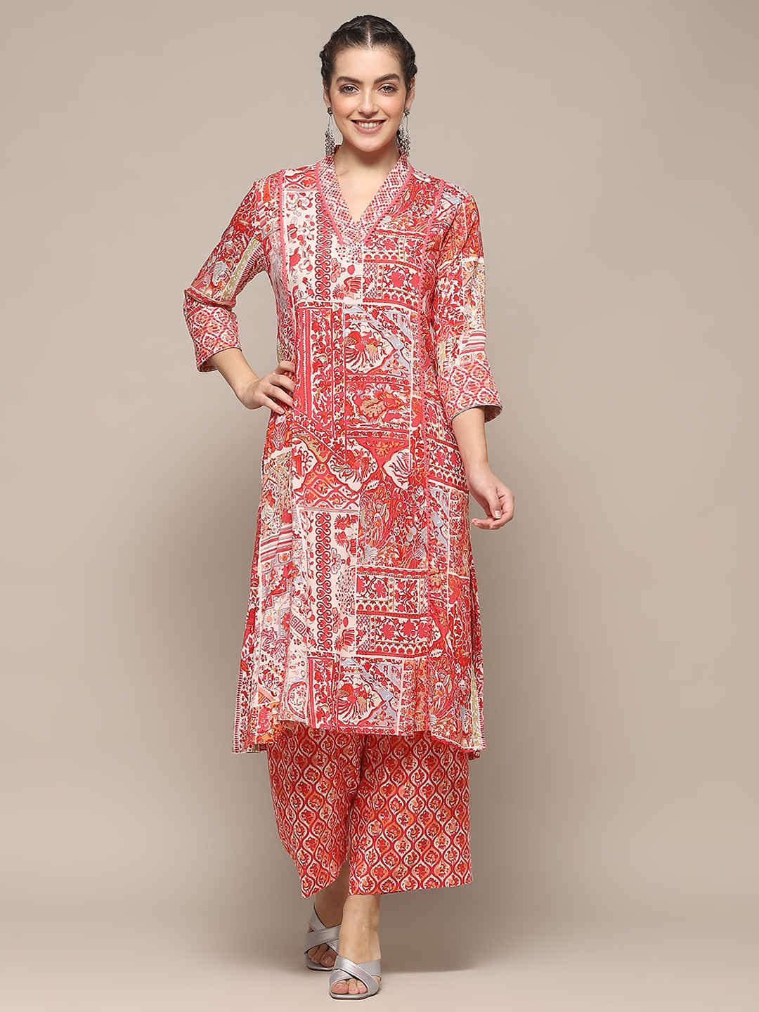 

Biba Floral Printed V Neck Regular Kurta with Palazzos, Fuchsia