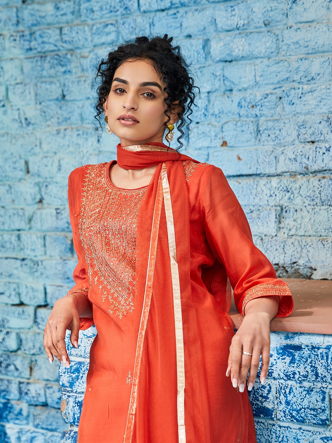 

Biba Embroidered Regular Kurta with Trousers & Dupatta, Red