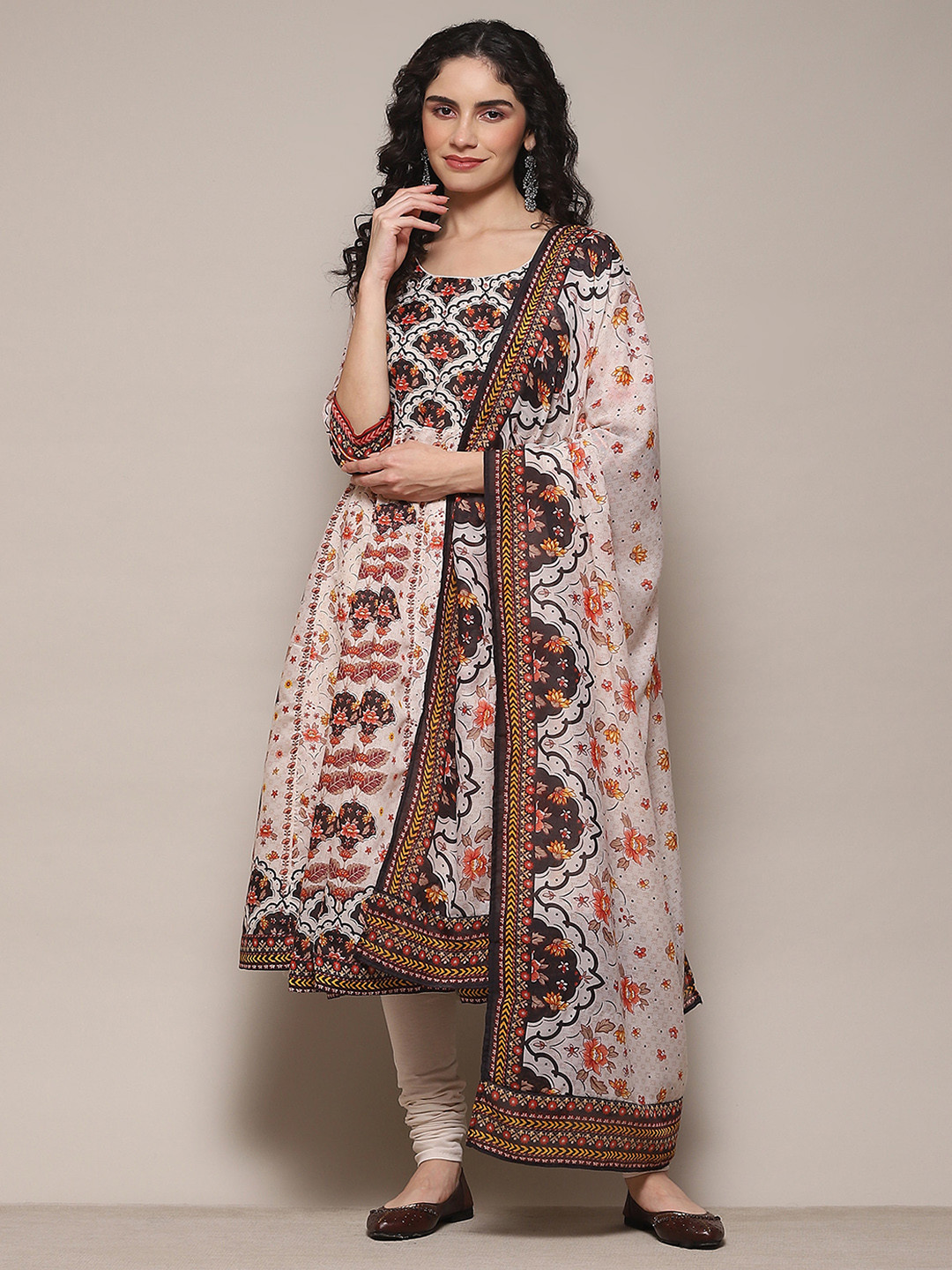 

Biba Floral Printed Round Neck Three-Quarter Sleeves Anarkali Kurta Set, Cream