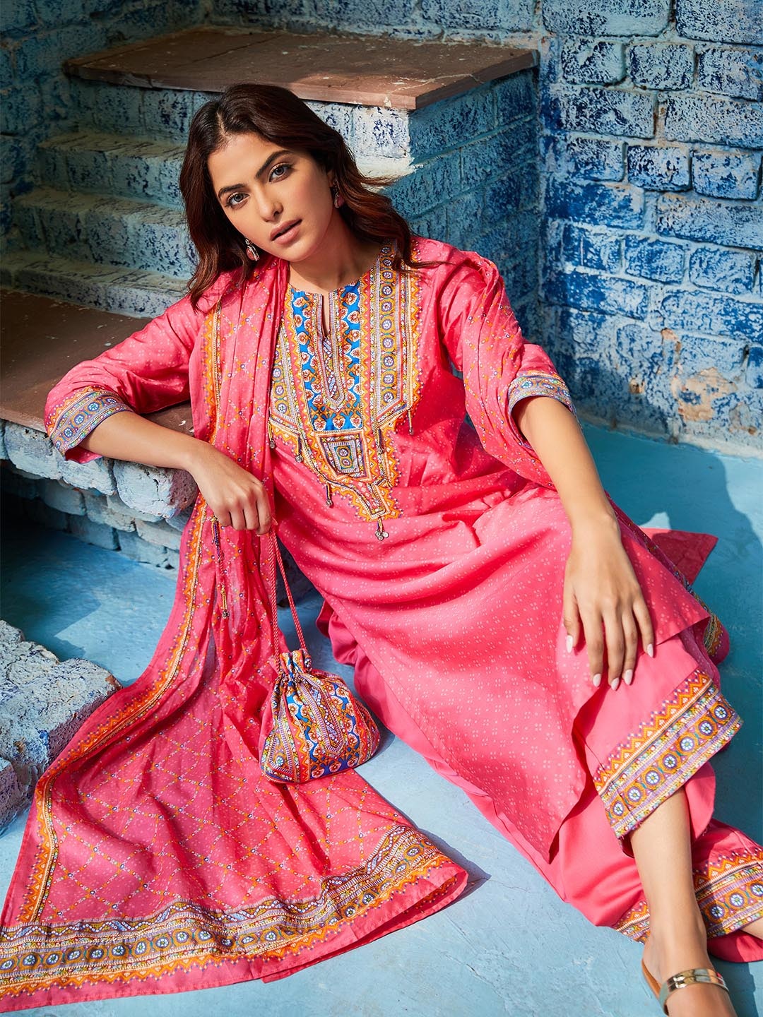 

Biba Ethnic Motifs Printed Pure Cotton Kurta with Palazzos & With Dupatta, Fuchsia