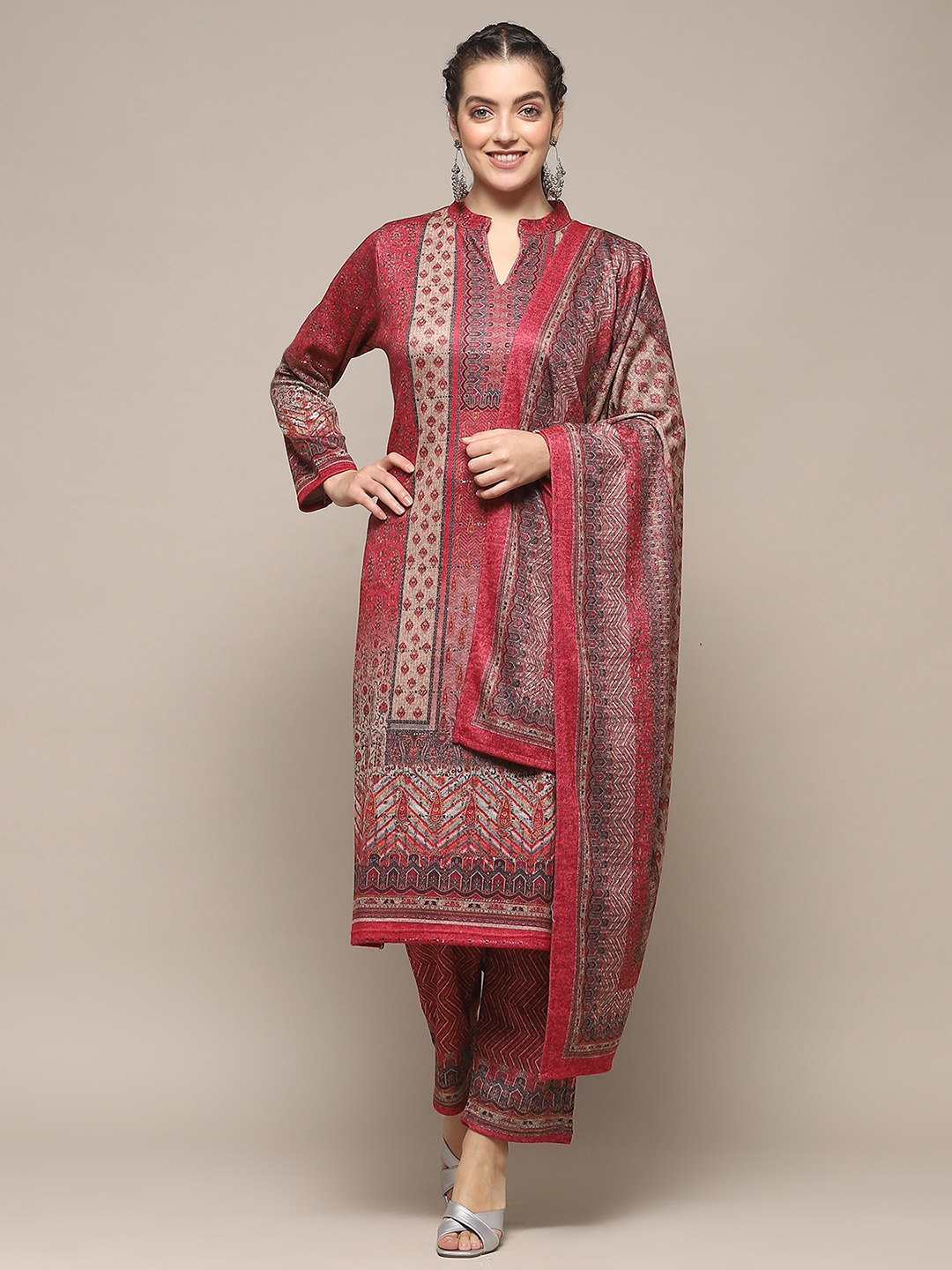 

Biba Ethnic Motifs Printed Regular Kurta with Trousers & Dupatta, Pink