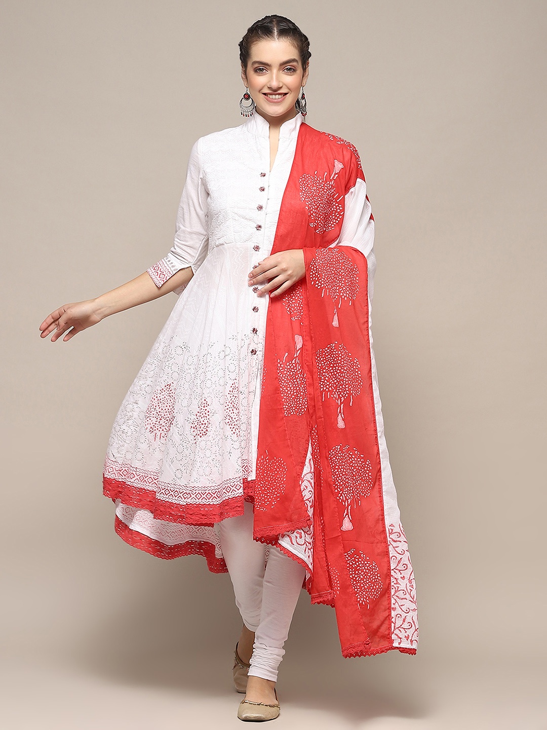

Biba Ethnic Motifs Printed Empire Thread Work Pure Cotton Kurta with Churidar & Dupatta, Coral