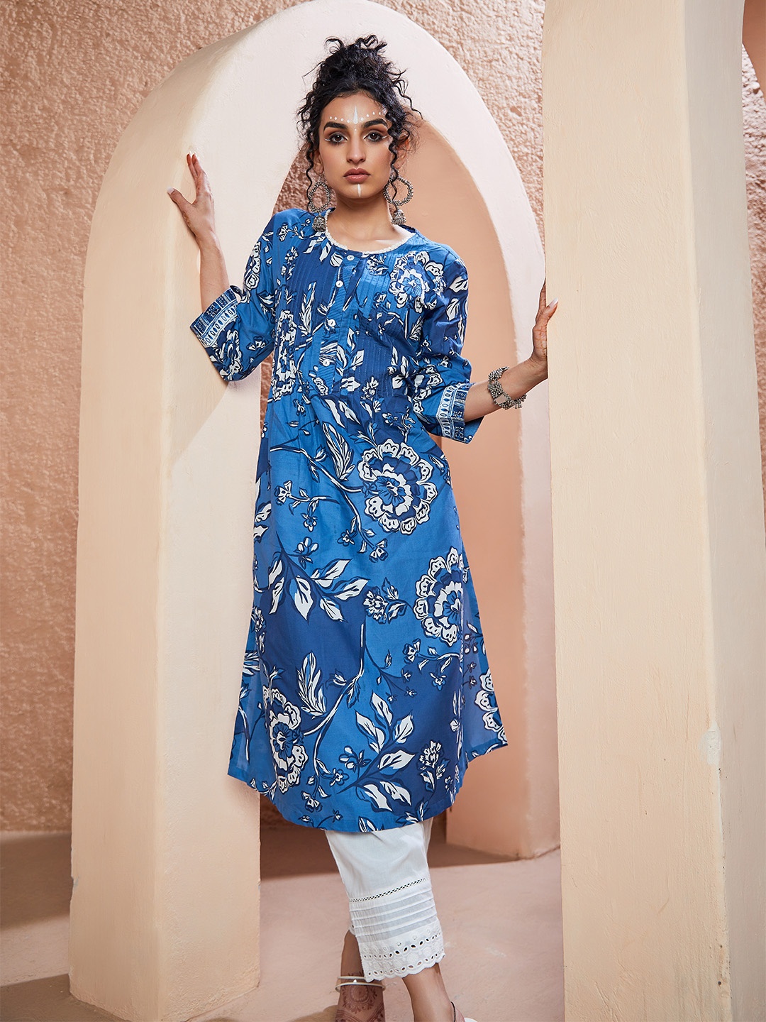 

Biba Floral Printed Pure Cotton Lace Pleated A-Line Kurta, Blue