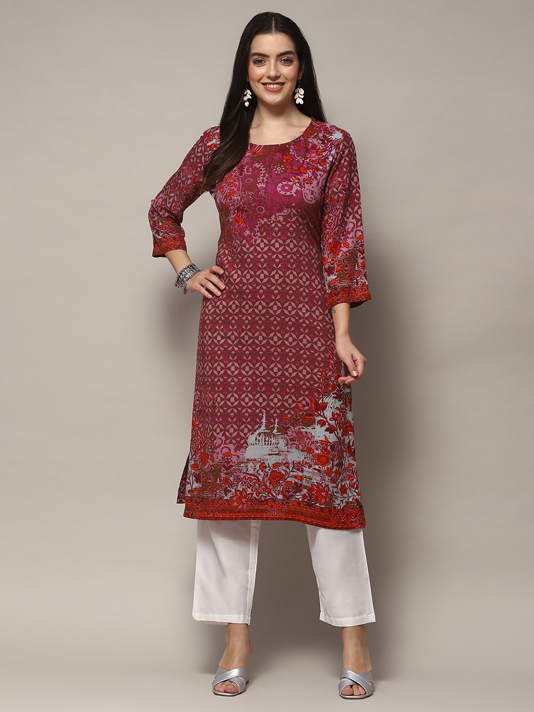 

Biba Ethnic Motifs Round Neck Straight Kurta, Maroon