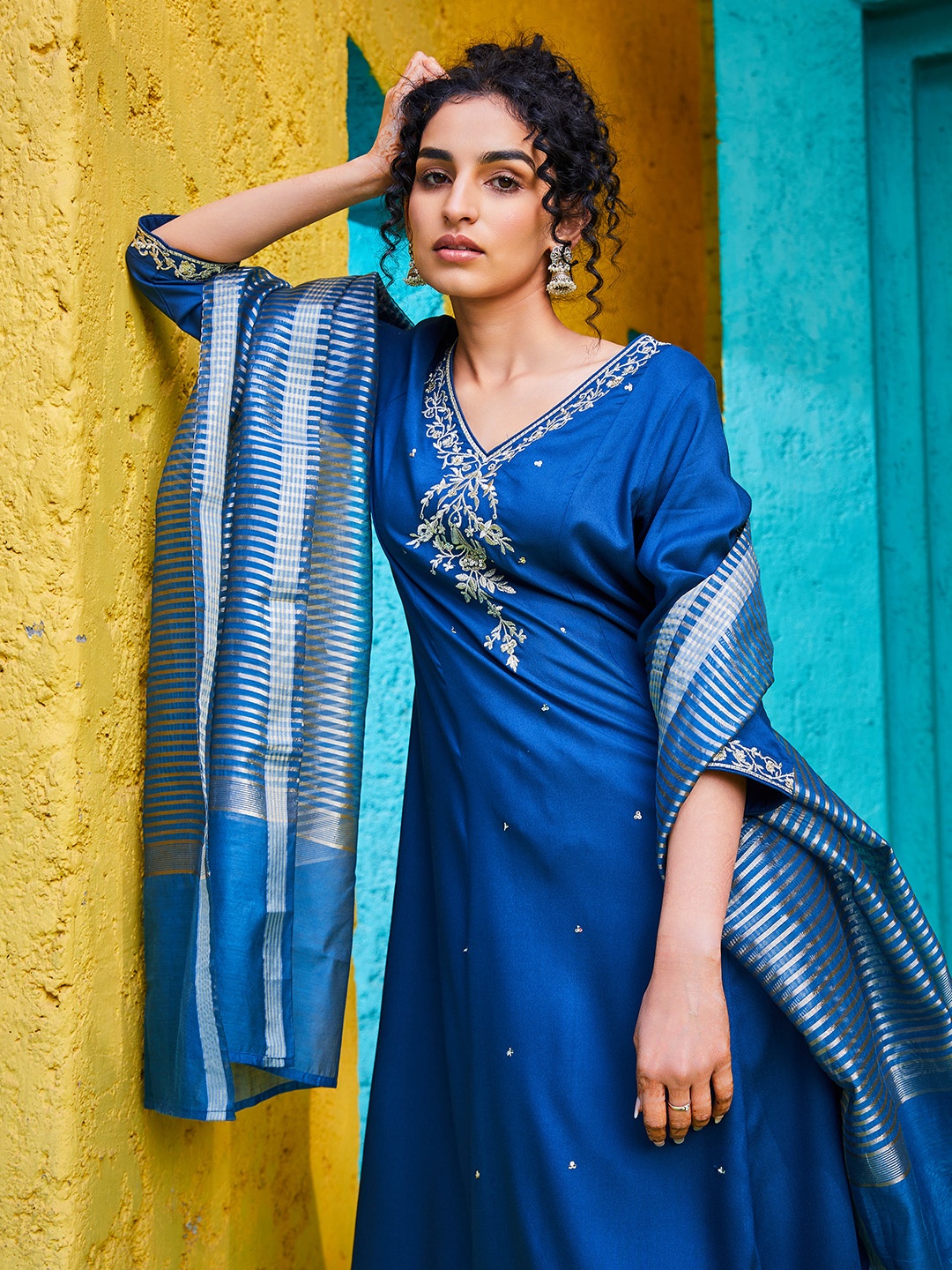 

Biba Ethnic Motifs Embroidered Regular Kurta With Palazzos & Dupatta, Teal