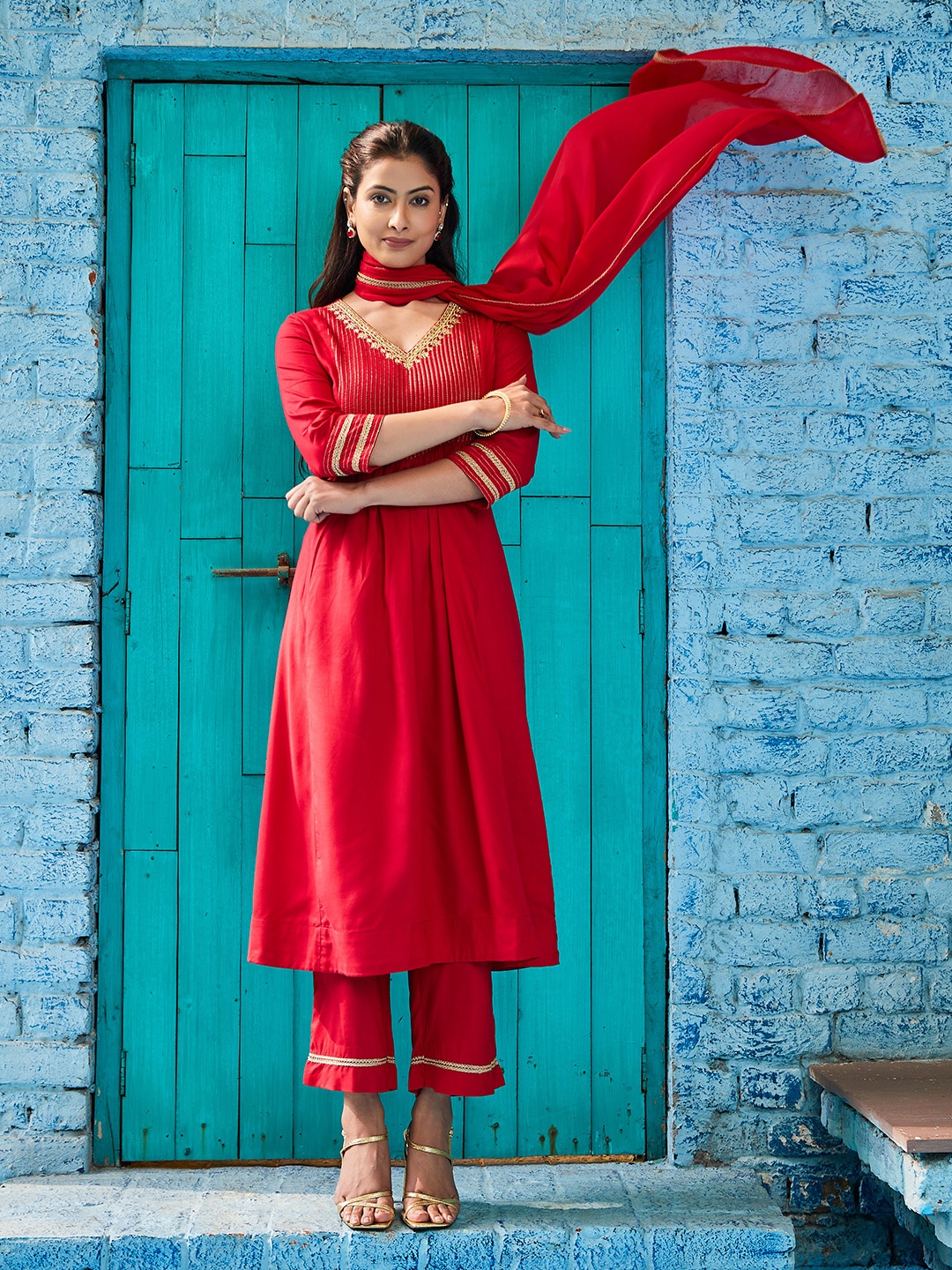 

Biba Yoke Design Layered A-Line Thread Work V-Neck Kurta With Palazzos & Dupatta, Red