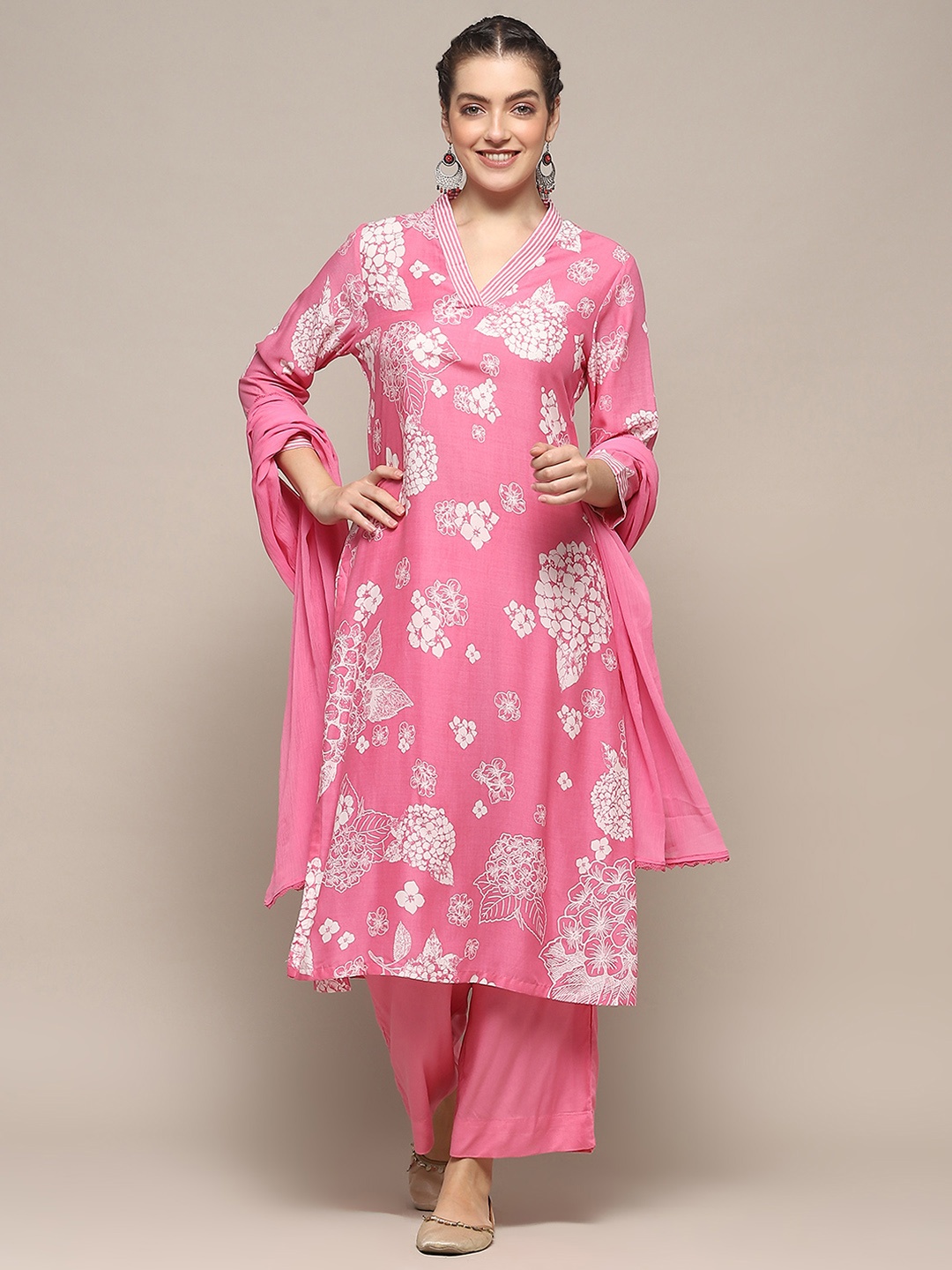 

Biba Floral Printed Regular Kurta with Palazzos & Dupatta, Pink