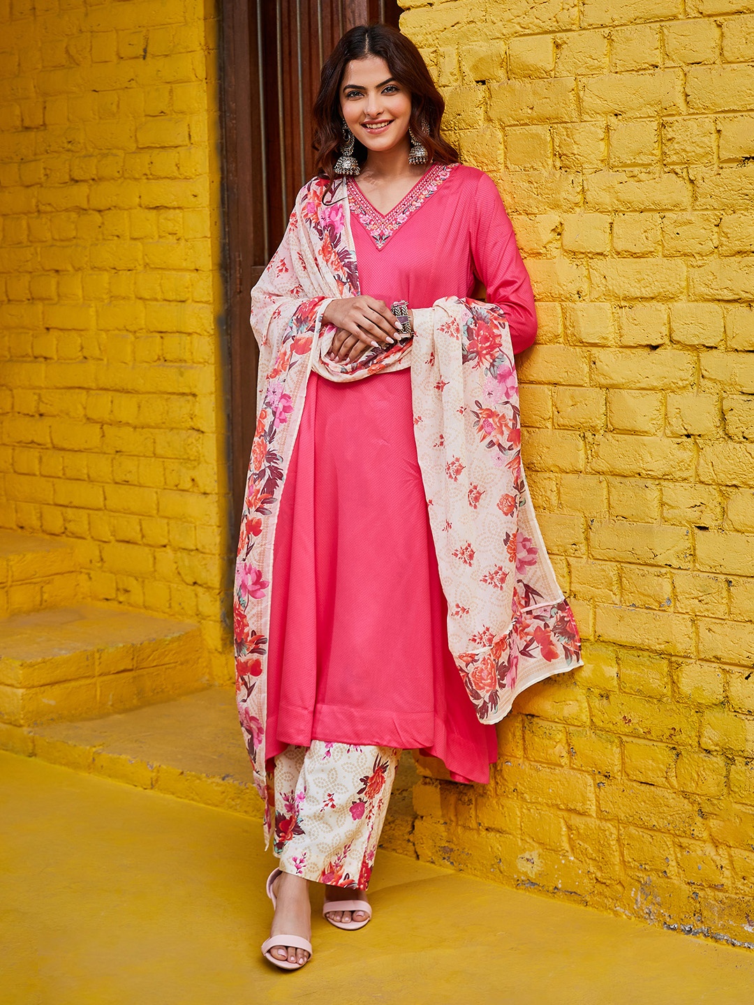 

Biba Dyed Floral V-Neck Thread Work Empire Kurta with Palazzos & With Dupatta, Fuchsia